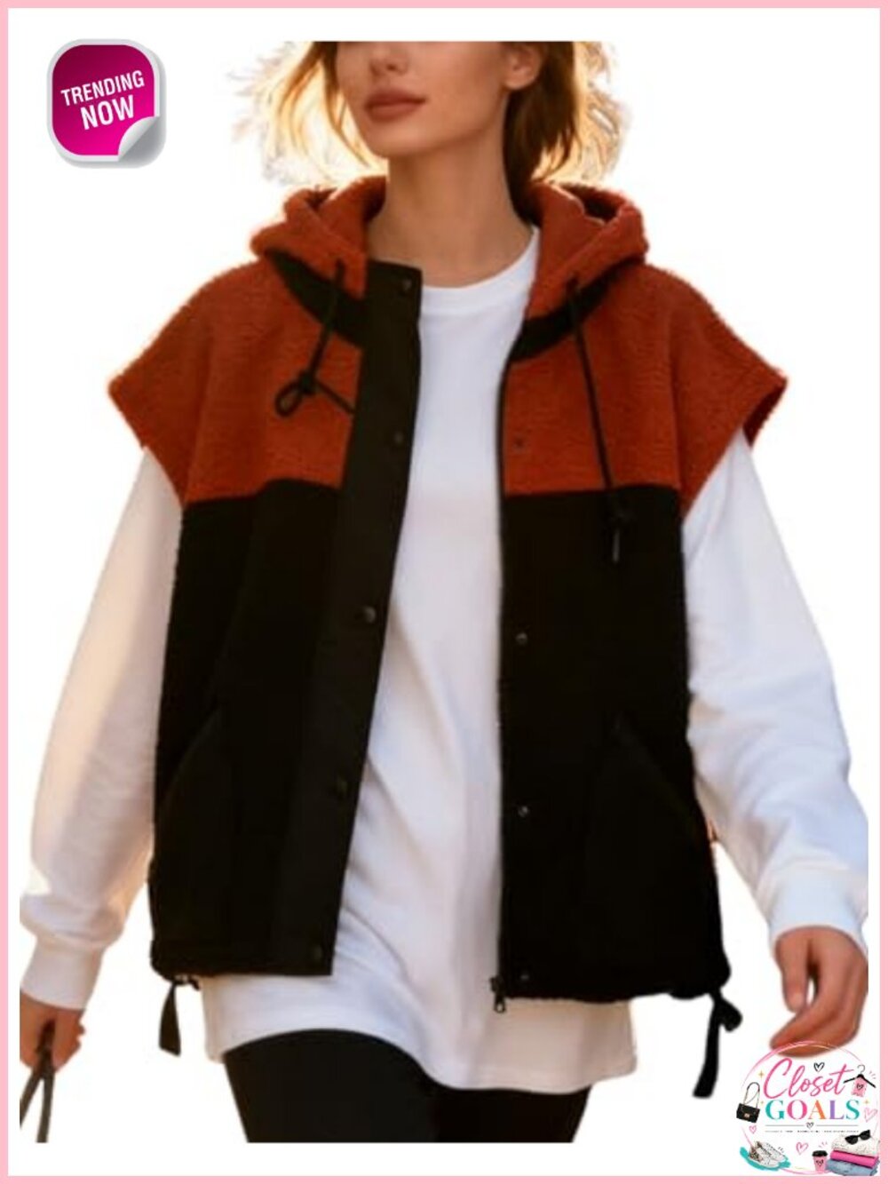Sherpa Hooded Vest Cozy Color-Block Sleeveless Jacket Adjustable Fit